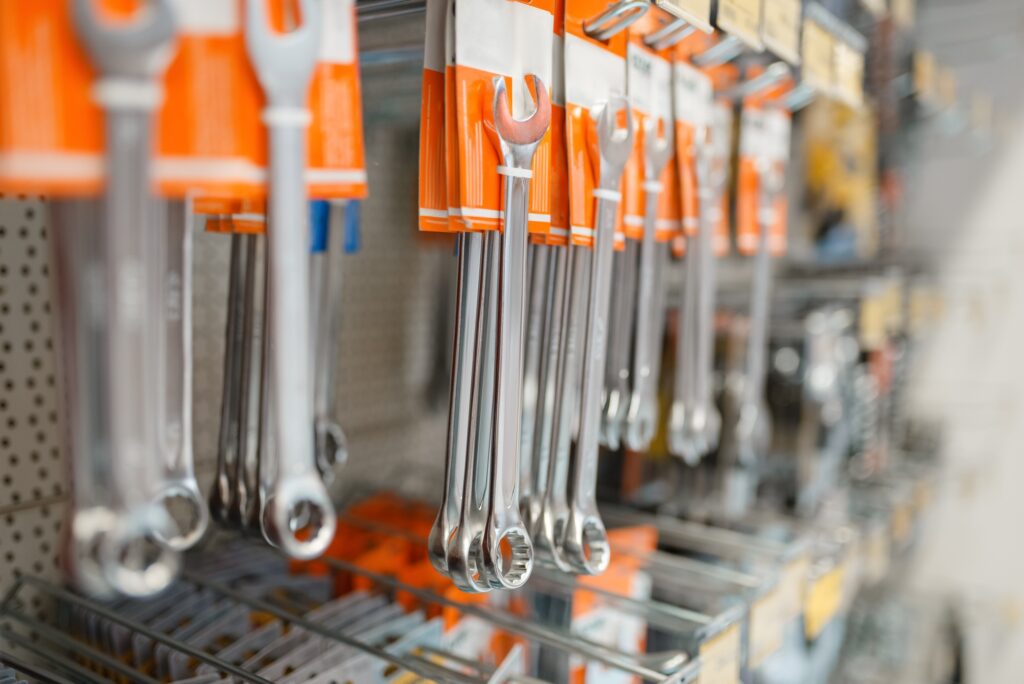 Rows of wrenches in hardware store closeup view